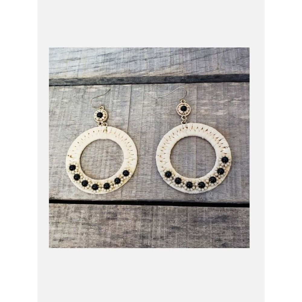 FRENCH HOOK Raffia Wrapped Beaded Earrings